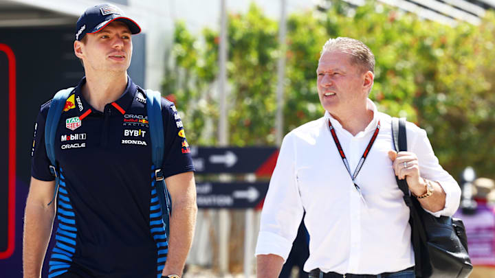 BAHRAIN, BAHRAIN - FEBRUARY 29: Max Verstappen of the Netherlands and Oracle Red Bull Racing and Jos Verstappen walk in the Paddock prior to practice ahead of the F1 Grand Prix of Bahrain at Bahrain International Circuit on February 29, 2024 in Bahrain, Bahrain. (Photo by Mark Thompson/Getty Images) BAHRAIN, BAHRAIN - FEBRUARY 29: Max Verstappen of the Netherlands and Oracle Red Bull Racing and Jos Verstappen walk in the Paddock prior to practice ahead of the F1 Grand Prix of Bahrain at Bahrain International Circuit on February 29, 2024 in Bahrain, Bahrain. (Photo by Mark Thompson/Getty Images)