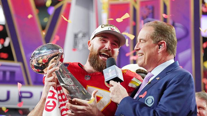 Travis Kelce celebrates the Chiefs' Super Bowl 58 victory