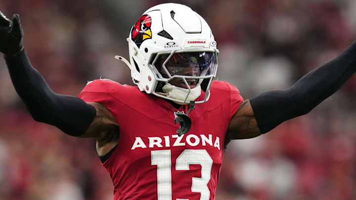 Arizona Cardinals cornerback Kei'Trel Clark (13) celebrates his pass deflection against the Carolina Panthers at State Farm Stadium on Sept 14, 2025.
