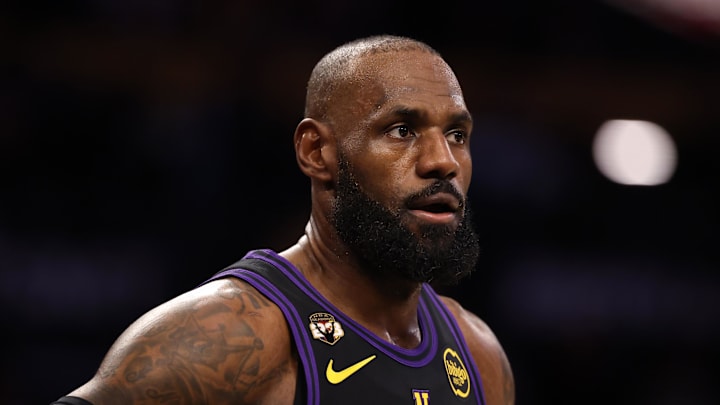 Jan 13, 2026; Los Angeles, California, USA;  Los Angeles Lakers forward LeBron James (23) wears a patch affixed to the upper right chest to celebrate his record-setting 23rd NBA season during the first half against the Atlanta Hawks at Crypto.com Arena. Mandatory Credit: Kiyoshi Mio-Imagn Images