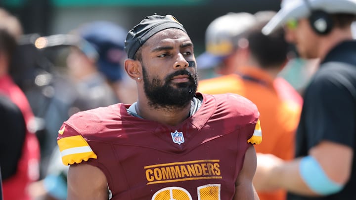Aug 10, 2024; East Rutherford, New Jersey, USA; Washington Commanders running back Jeremy McNichols (31) walks off the field during the first half against the New York Jets at MetLife Stadium. Mandatory Credit: Vincent Carchietta-Imagn Images