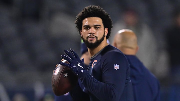 Dec 26, 2024; Chicago, Illinois, USA; Chicago Bears quarterback Caleb Williams (18) warms up before the game against the Seattle Seahawks at Soldier Field. 