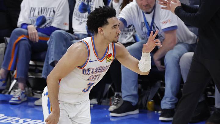 May 26, 2026; Oklahoma City, Oklahoma, USA; Oklahoma City Thunder guard Jared McCain (3) reacts after a basket during the fourth quarter against the San Antonio Spurs in game five of the western conference finals for the 2026 NBA playoffs at Paycom Center. Mandatory Credit: Alonzo Adams-Imagn Images May 26, 2026; Oklahoma City, Oklahoma, USA; Oklahoma City Thunder guard Jared McCain (3) reacts after a basket during the fourth quarter against the San Antonio Spurs in game five of the western conference finals for the 2026 NBA playoffs at Paycom Center. Mandatory Credit: Alonzo Adams-Imagn Images