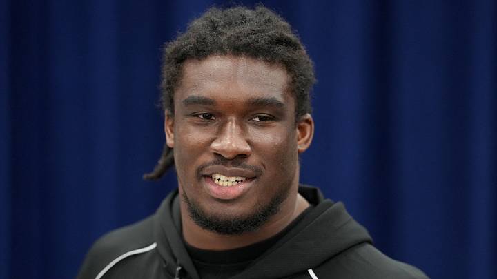 Feb 25, 2026; Indianapolis, IN, USA; Illinois defensive lineman Gabe Jacas (DL44) speaks during the NFL Scouting Combine at the Indiana Convention Center. Mandatory Credit: Kirby Lee-Imagn Images Feb 25, 2026; Indianapolis, IN, USA; Illinois defensive lineman Gabe Jacas (DL44) speaks during the NFL Scouting Combine at the Indiana Convention Center. Mandatory Credit: Kirby Lee-Imagn Images