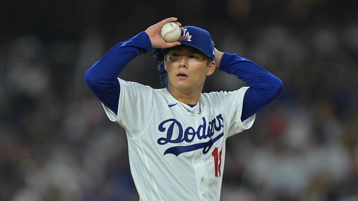 Sep 23, 2026; Los Angeles, California, USA;  Los Angeles Dodgers pitcher Yoshinobu Yamamoto (18) looks on in the third inning against the San Diego Padres  at Dodger Stadium.  Mandatory Credit: Jayne Kamin-Oncea-Imagn Images