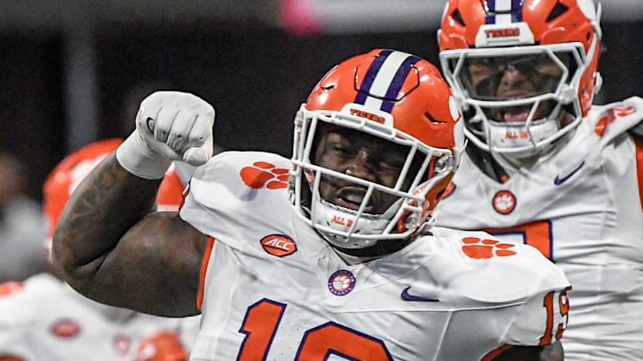 Clemson Tigers defensive lineman DeMonte Capehart (19) reacts after tackling Georgia Bulldogs running back Branson Robinson 