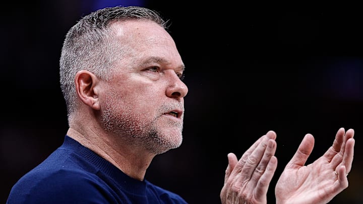 Mar 14, 2025; Denver, Colorado, USA; Denver Nuggets head coach Michael Malone in the second quarter against the Los Angeles Lakers at Ball Arena. Mandatory Credit: Isaiah J. Downing-Imagn Images