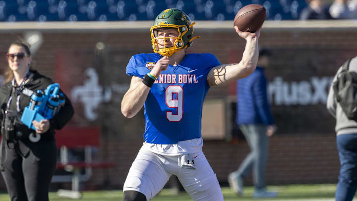 Jan 28, 2026; Mobile, AL, USA; National Team quarterback Cole Payton (9) of North Dakota State passes during National Senior Bowl practice at Hancock Whitney Stadium. Mandatory Credit: Vasha Hunt-Imagn Images Jan 28, 2026; Mobile, AL, USA; National Team quarterback Cole Payton (9) of North Dakota State passes during National Senior Bowl practice at Hancock Whitney Stadium. Mandatory Credit: Vasha Hunt-Imagn Images