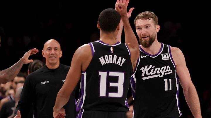 Jan 27, 2025; Brooklyn, New York, USA; Sacramento Kings forward Domantas Sabonis (11) celebrates his three point shot against the Brooklyn Nets with forward Keegan Murray (13) during the fourth quarter at Barclays Center. Jan 27, 2025; Brooklyn, New York, USA; Sacramento Kings forward Domantas Sabonis (11) celebrates his three point shot against the Brooklyn Nets with forward Keegan Murray (13) during the fourth quarter at Barclays Center.