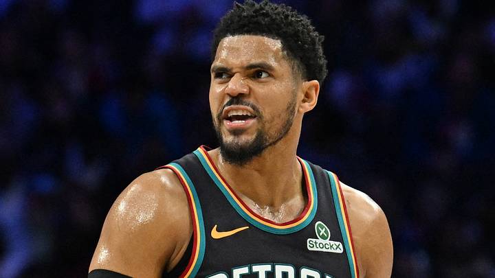Apr 4, 2026; Philadelphia, Pennsylvania, USA; Detroit Pistons forward Tobias Harris (12) reacts after a basket  against the Philadelphia 76ers during the second half at Xfinity Mobile Arena. Mandatory Credit: Eric Hartline-Imagn Images