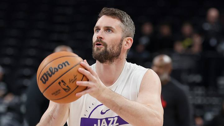 Dec 1, 2025; Salt Lake City, Utah, USA;  Utah Jazz forward Kevin Love (42) warms up before the game against the Houston Rockets at Delta Center. Mandatory Credit: Chris Nicoll-Imagn Images