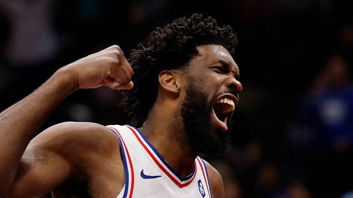 Philadelphia 76ers center Joel Embiid (21) celebrates on the bench against the Washington Wizards in the fourth quarter at Capital One Arena on October 28, 2025. Philadelphia 76ers center Joel Embiid (21) celebrates on the bench against the Washington Wizards in the fourth quarter at Capital One Arena on October 28, 2025.