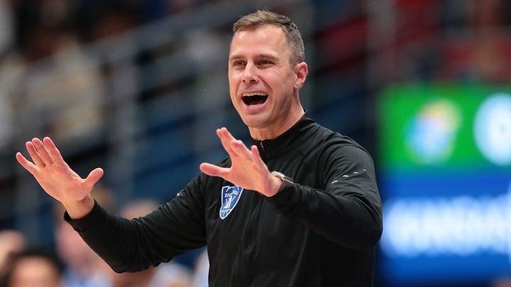 Duke Blue Devils head coach Jon Scheyer makes adjustments against Kansas Jayhawks during the exhibition game inside Allen Fieldhouse in Lawrence, Kansas on Oct. 25, 2026. Duke Blue Devils head coach Jon Scheyer makes adjustments against Kansas Jayhawks during the exhibition game inside Allen Fieldhouse in Lawrence, Kansas on Oct. 25, 2026.