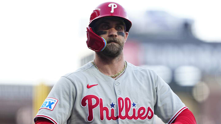 May 21, 2025; Denver, Colorado, USA; Philadelphia Phillies first base Bryce Harper (3) on deck in the first inning against the Colorado Rockies at Coors Field