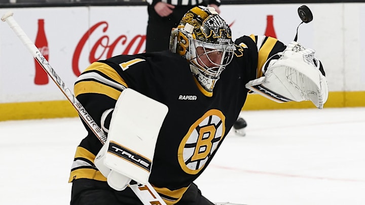 Mar 3, 2026; Boston, Massachusetts, USA; Boston Bruins goaltender Jeremy Swayman (1) makes a save off his houlder during the second period against the Pittsburgh Penguins at TD Garden. Mandatory Credit: Winslow Townson-Imagn Images