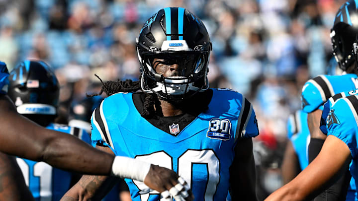 Oct 13, 2024; Charlotte, North Carolina, USA;  Carolina Panthers tight end Ian Thomas (80) before the game at Bank of America Stadium. Mandatory Credit: Bob Donnan-Imagn Images