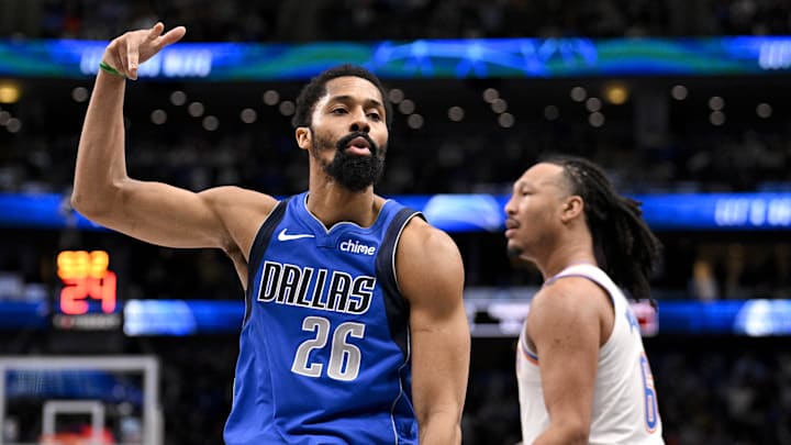 Jan 17, 2025; Dallas, Texas, USA; Dallas Mavericks guard Spencer Dinwiddie (26) celebrates after he makes a three point basket as Oklahoma City Thunder forward Jaylin Williams (6) looks on during the second half at the American Airlines Center. Mandatory Credit: Jerome Miron-Imagn Images Jan 17, 2025; Dallas, Texas, USA; Dallas Mavericks guard Spencer Dinwiddie (26) celebrates after he makes a three point basket as Oklahoma City Thunder forward Jaylin Williams (6) looks on during the second half at the American Airlines Center. Mandatory Credit: Jerome Miron-Imagn Images