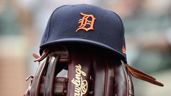 A detailed view of Detroit Tigers hat and glove