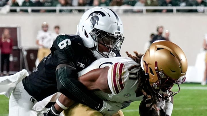Michigan State's Ade Willie, left, tackles Boston College's Lewis Bond during the second quarter on Saturday, Sept. 6, 2025, at Spartan Stadium in East Lansing. Michigan State's Ade Willie, left, tackles Boston College's Lewis Bond during the second quarter on Saturday, Sept. 6, 2025, at Spartan Stadium in East Lansing.
