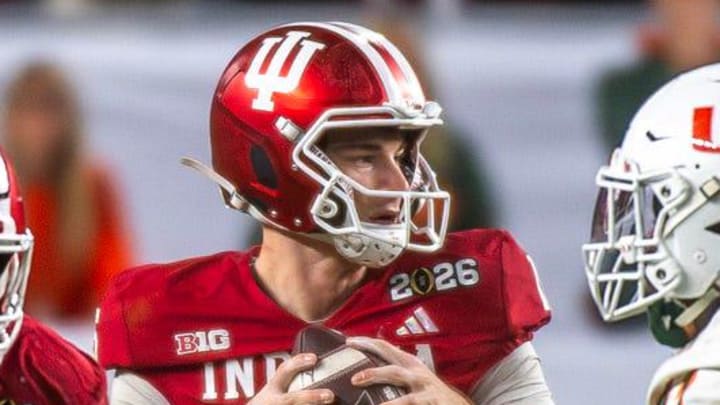 Indiana's Fernando Mendoza (15) looks downfield during the College Football Playoff National Championship college football game at Hard Rock Stadium in Miami Gardens on Monday, Jan. 19, 2026. Indiana's Fernando Mendoza (15) looks downfield during the College Football Playoff National Championship college football game at Hard Rock Stadium in Miami Gardens on Monday, Jan. 19, 2026.