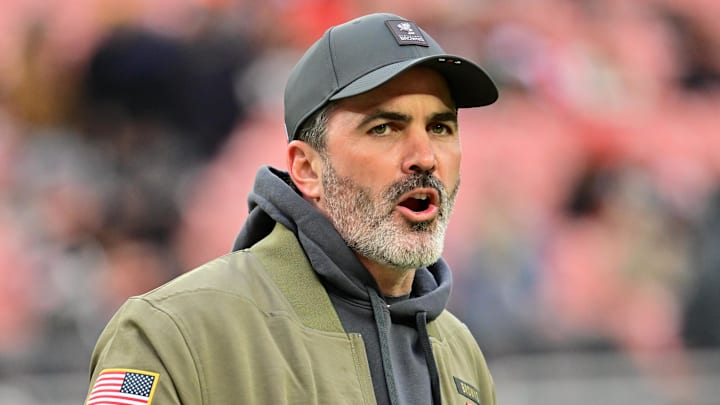 Nov 16, 2025; Cleveland, Ohio, USA; Cleveland Browns head coach Kevin Stefanski on the sidelines during warmups prior to a game against the Baltimore Ravens at Huntington Bank Field. Mandatory Credit: Ken Blaze-Imagn Images
