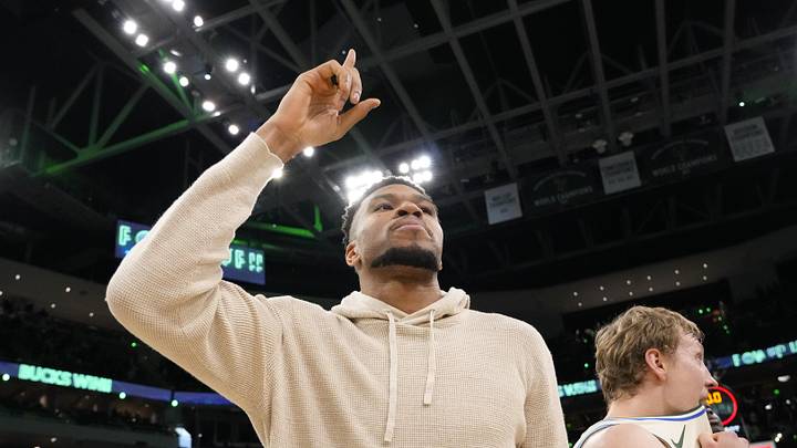 Apr 10, 2026; Milwaukee, Wisconsin, USA;  Milwaukee Bucks forward Giannis Antetokounmpo (34) gestures following the game against the Brooklyn Nets at Fiserv Forum. Mandatory Credit: Jeff Hanisch-Imagn Images