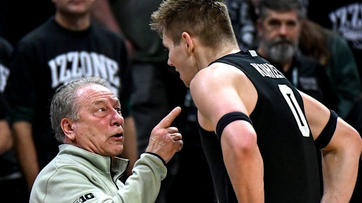 Michigan State's head coach Tom Izzo, left, gets the last word with Jaxon Kohler during a talk in the second half against USC on Monday, Jan. 5, 2026, at the Breslin Center in East Lansing.