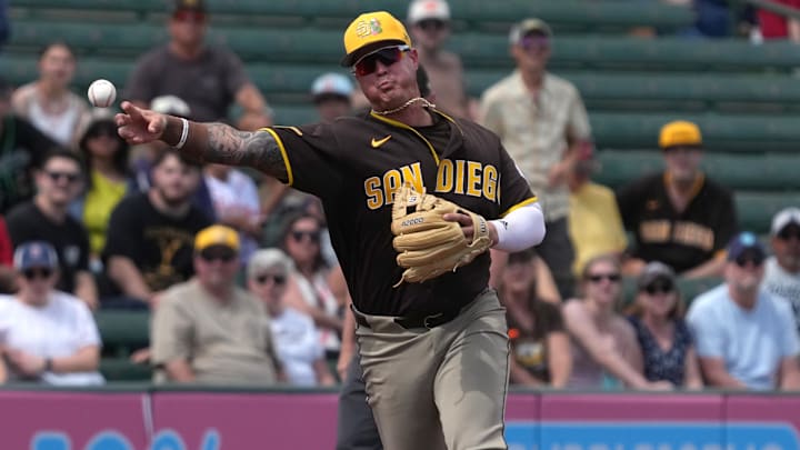 Mar 10, 2026; Tempe, Arizona, USA; San Diego Padres third baseman Jose Miranda (64) throws to first against the Los Angeles Angels in the first inning at Tempe Diablo Stadium. Mandatory Credit: Rick Scuteri-Imagn Images