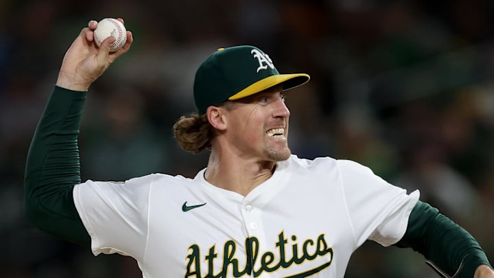 Sep 27, 2025; West Sacramento, California, USA; Athletics pitcher Tyler Ferguson (44) throws a pitch against the Kansas City Royals during the eighth inning at Sutter Health Park. Mandatory Credit: Dennis Lee-Imagn Images