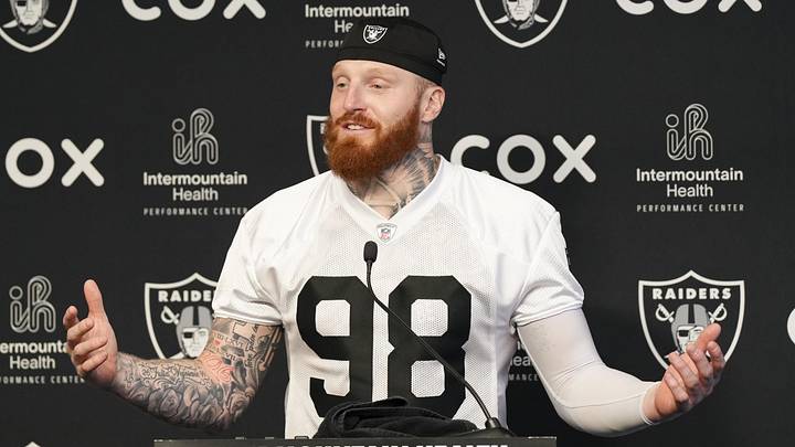 Las Vegas Raiders defensive end Maxx Crosby speaks during a news conference during organized team activities.