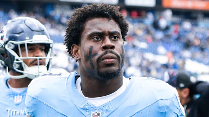 Oct 19, 2025; Nashville, Tennessee, USA;  Tennessee Titans defensive tackle Sebastian Joseph-Day (69) walks off the field against the New England Patriots during pre-game warmups at Nissan Stadium. Mandatory Credit: Steve Roberts-Imagn Images