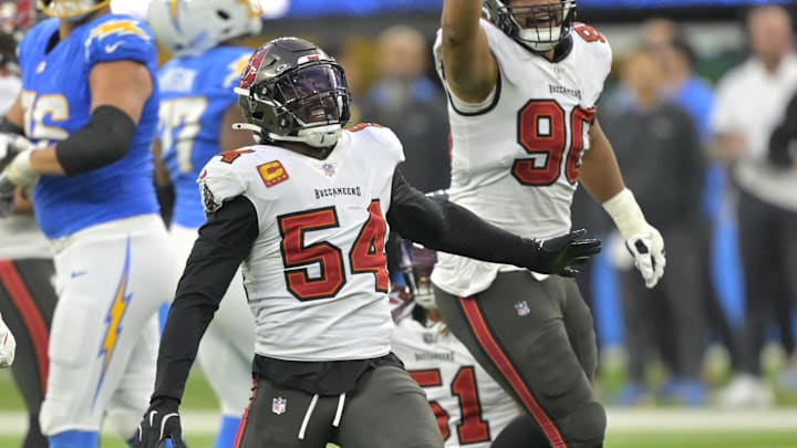 Tampa Bay Buccaneers linebacker Lavonte David celebrates after a sack of Los Angeles Chargers quarterback Justin Herbert. Tampa Bay Buccaneers linebacker Lavonte David celebrates after a sack of Los Angeles Chargers quarterback Justin Herbert.