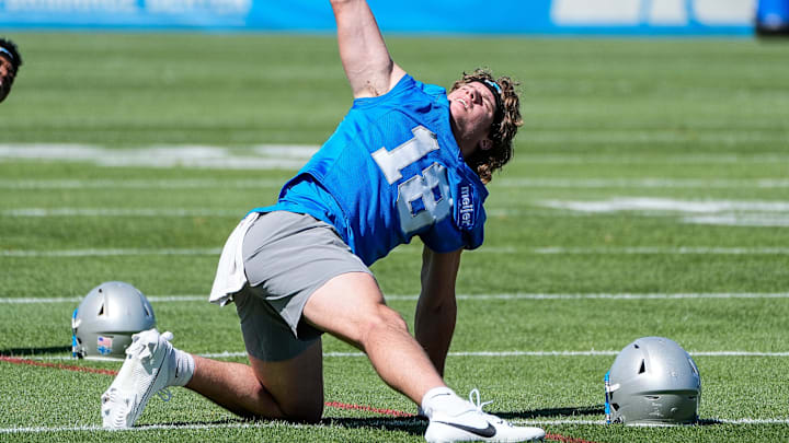 Detroit Lions wide receiver Isaac TeSlaa (18) practices during rookie minicamp at team's Performance Center 