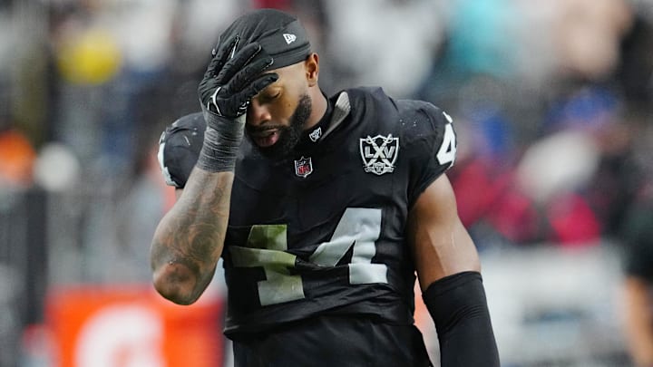 Dec 16, 2024; Paradise, Nevada, USA; Las Vegas Raiders defensive end K'Lavon Chaisson (44) walks off the field after the Raiders were defeated by the Atlanta Falcons at Allegiant Stadium. Mandatory Credit: Stephen R. Sylvanie-Imagn Images