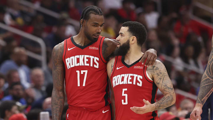 Apr 23, 2025; Houston, Texas, USA; Houston Rockets forward Tari Eason (17) talks with guard Fred VanVleet (5) during the third quarter during game two of the first round for the 2024 NBA Playoffs against the Golden State Warriors at Toyota Center. Mandatory Credit: Troy Taormina-Imagn Images Apr 23, 2025; Houston, Texas, USA; Houston Rockets forward Tari Eason (17) talks with guard Fred VanVleet (5) during the third quarter during game two of the first round for the 2024 NBA Playoffs against the Golden State Warriors at Toyota Center. Mandatory Credit: Troy Taormina-Imagn Images