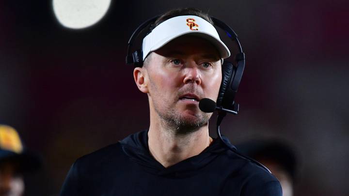 Nov 7, 2025; Los Angeles, California, USA; Southern California Trojans head coach Lincoln Riley watches game action against the Northwestern Wildcats during the second half at the Los Angeles Memorial Coliseum. Mandatory Credit: Gary A. Vasquez-Imagn Images
