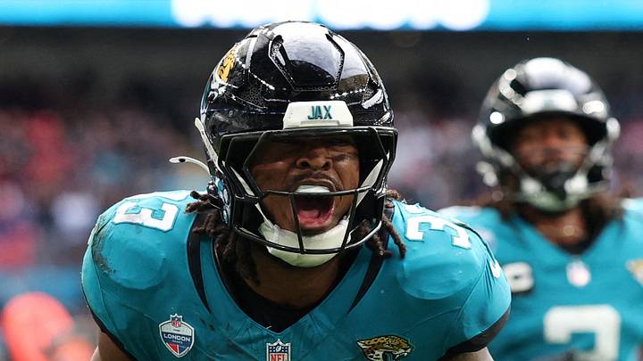 Football - NFL - Houston Texans v Jacksonville Jaguars - Wembley Stadium, London, Britain - October 18, 2026 Jacksonville Jaguars' Bhayshul Tuten celebrates scoring their first touchdown Action Images via Reuters/Paul Childs     TPX IMAGES OF THE DAY