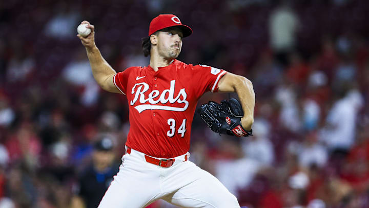 Sep 2, 2025; Cincinnati, Ohio, USA; Cincinnati Reds relief pitcher Connor Phillips (34) pitches against the Toronto Blue Jays in the sixth inning at Great American Ball Park. Mandatory Credit: Katie Stratman-Imagn Images
