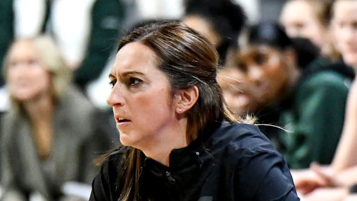 Michigan State's head coach Robyn Fralick looks on during the first quarter in the game against Oregon on Thursday, Jan. 30, 2025, at the Breslin Center in East Lansing.