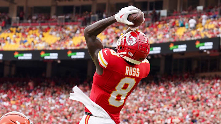 Aug 26, 2023; Kansas City, Missouri, USA; Kansas City Chiefs wide receiver Justyn Ross (8) catches a pass for a touchdown against Cleveland Browns cornerback Lorenzo Burns (27) during the first half at GEHA Field at Arrowhead Stadium. Mandatory Credit: Denny Medley-Imagn Images