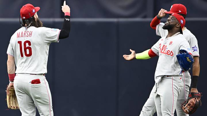 May 25, 2026; San Diego, California, USA; Philadelphia Phillies left fielder Brandon Marsh (16) and right fielder Adolis García (53) celebrate after the Phillies beat the San Diego Padres at Petco Park. May 25, 2026; San Diego, California, USA; Philadelphia Phillies left fielder Brandon Marsh (16) and right fielder Adolis García (53) celebrate after the Phillies beat the San Diego Padres at Petco Park.