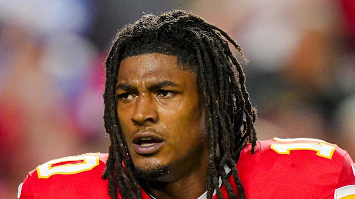 Oct 12, 2025; Kansas City, Missouri, USA; Kansas City Chiefs running back Isiah Pacheco (10) warms up prior to a game against the Detroit Lions at GEHA Field at Arrowhead Stadium. Mandatory Credit: Jay Biggerstaff-Imagn Images