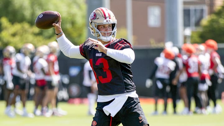 Jun 11, 2025; Santa Clara, CA, USA; San Francisco 49ers quarterback Brock Purdy (13) throws a pass during a team OTA at Levi's Stadium. Mandatory Credit: D. Ross Cameron-Imagn Images Jun 11, 2025; Santa Clara, CA, USA; San Francisco 49ers quarterback Brock Purdy (13) throws a pass during a team OTA at Levi's Stadium. Mandatory Credit: D. Ross Cameron-Imagn Images