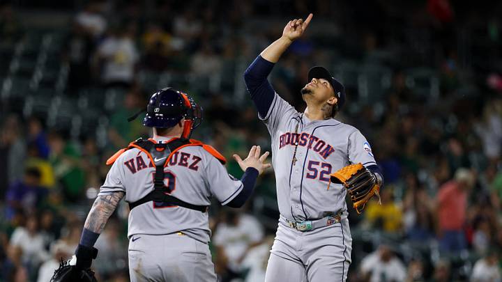 Houston Astros pitcher Bryan Abreu celebrates after the game against the Athletics at Sutter Health Park.  Mandatory Credit: Sergio Estrada-Imagn Images