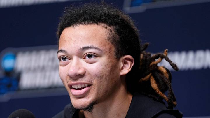 Houston's Kingston Flemings speaks during a press conference for the first round of the NCAA basketball tournament at Paycom Center in Oklahoma City, Wednesday, March 18, 2026. Houston's Kingston Flemings speaks during a press conference for the first round of the NCAA basketball tournament at Paycom Center in Oklahoma City, Wednesday, March 18, 2026.