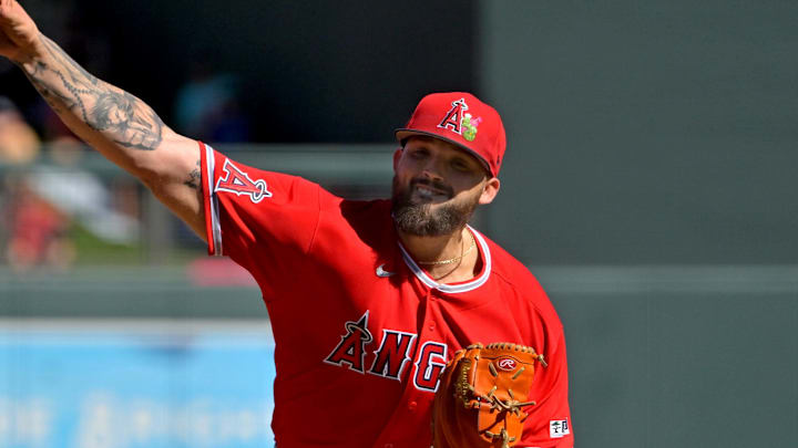 Feb 22, 2026; Salt River Pima-Maricopa, Arizona, USA; Los Angeles Angels pitcher Alek Manoah (47) delivers to the plate during the first inning against the Arizona Diamondbacks at Salt River Fields at Talking Stick. Mandatory Credit: Jayne Kamin-Oncea-Imagn Images