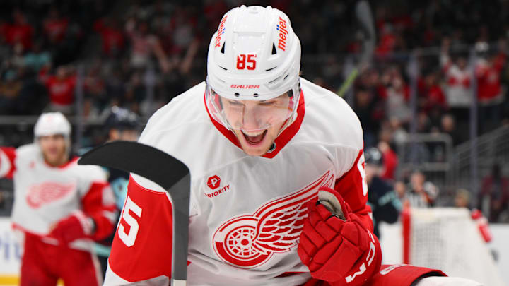 Feb 4, 2025; Seattle, Washington, USA; Detroit Red Wings left wing Elmer Soderblom (85) celebrates after scoring a goal against the Seattle Kraken during the third period at Climate Pledge Arena. Mandatory Credit: Steven Bisig-Imagn Images