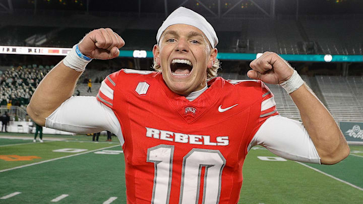 Nov 8, 2025; Fort Collins, Colorado, USA; UNLV Rebels quarterback Anthony Colandrea (10) celebrates after the game against the Colorado State Rams at Sonny Lubick Field at Canvas Stadium. Mandatory Credit: Isaiah J. Downing-Imagn Images