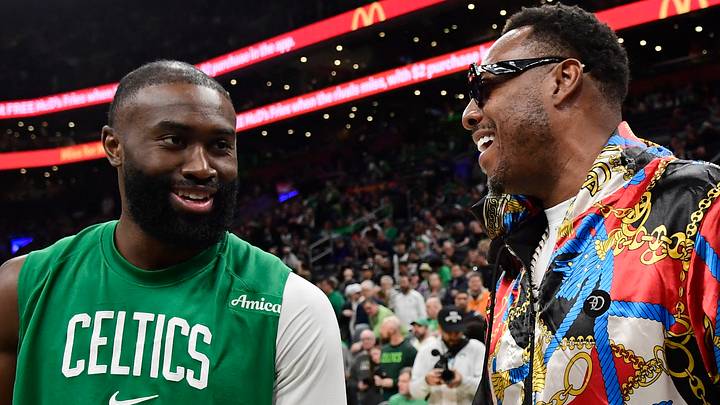 Mar 22, 2026; Boston, Massachusetts, USA;  Boston Celtics guard Jaylen Brown (7) and former Celtics Paul Pierce talk before a game against the Minnesota Timberwolves at TD Garden. Mandatory Credit: Bob DeChiara-Imagn Images