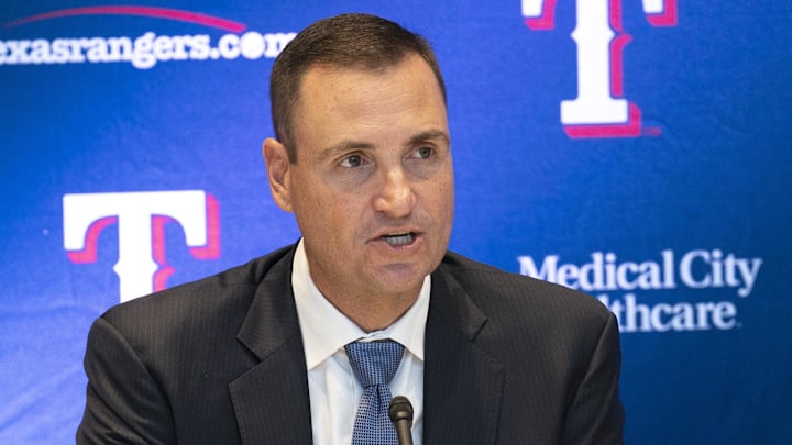Oct 24, 2022; Arlington, TX, USA; Texas Rangers general manager Chris Young speaks during a news conference introducing Bruce Bochy as team manager at Globe Life Field. 